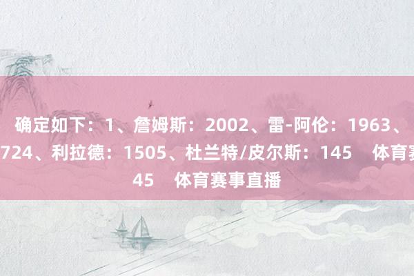 确定如下：1、詹姆斯：2002、雷-阿伦：1963、库里：1724、利拉德：1505、杜兰特/皮尔斯：145    体育赛事直播